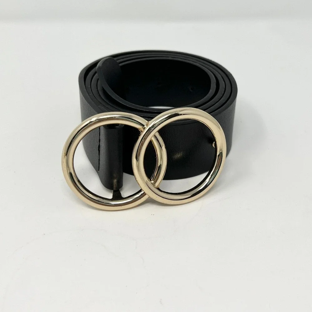 Womens Black Leather Double Ring‎ Gold Buckle Belt BMG1831 Large 36 in